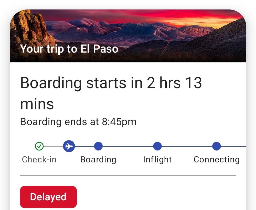 A screenshot showing a delayed flight.