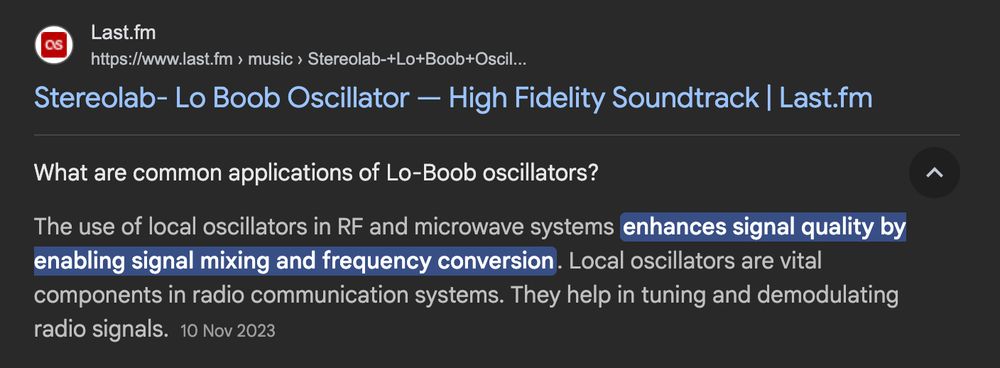 Stereolab- Lo Boob Oscillator - High Fidelity Soundtrack | Last.fm

What are common applications of Lo-Boob oscillators?

The use of local oscillators in RF and microwave systems enhances signal quality by
enabling signal mixing and frequency conversion. Local oscillators are vital
components in radio communication systems. They help in tuning and demodulating
radio signals. 10 Nov 2023