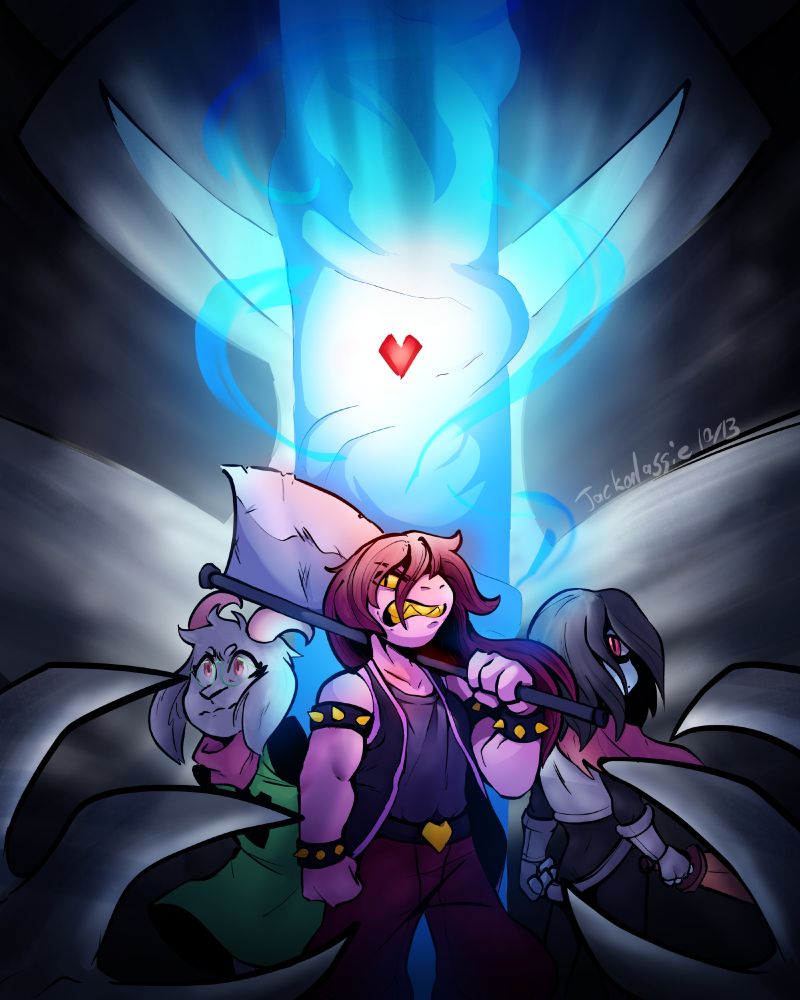 Deltarune fanart of the main trio, Ralsei, Susie and Kris, standing side by side as a Dark Fountain and the Roaring Knight loom in the background. The SOUL floats above them, framed by the Dark Fountain.