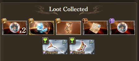 Loot from a Granblue Fantasy Horus raid, including 2x Horus anime from a Gold Chest (an orb with horus, a green haired tan anime woman pictured insdie) Omega Fragments (blue crystals) Eternity Sand (an hourglass) a Merit (just a parchment document with a blue seal) more Horus Anima, and two upgrader weapons (a staff and knuckle dusters)