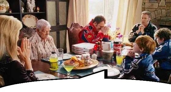 The whole family from Taladega nights dressed up in sponsored clothing and saying Grace over food from multiple fast food joints.