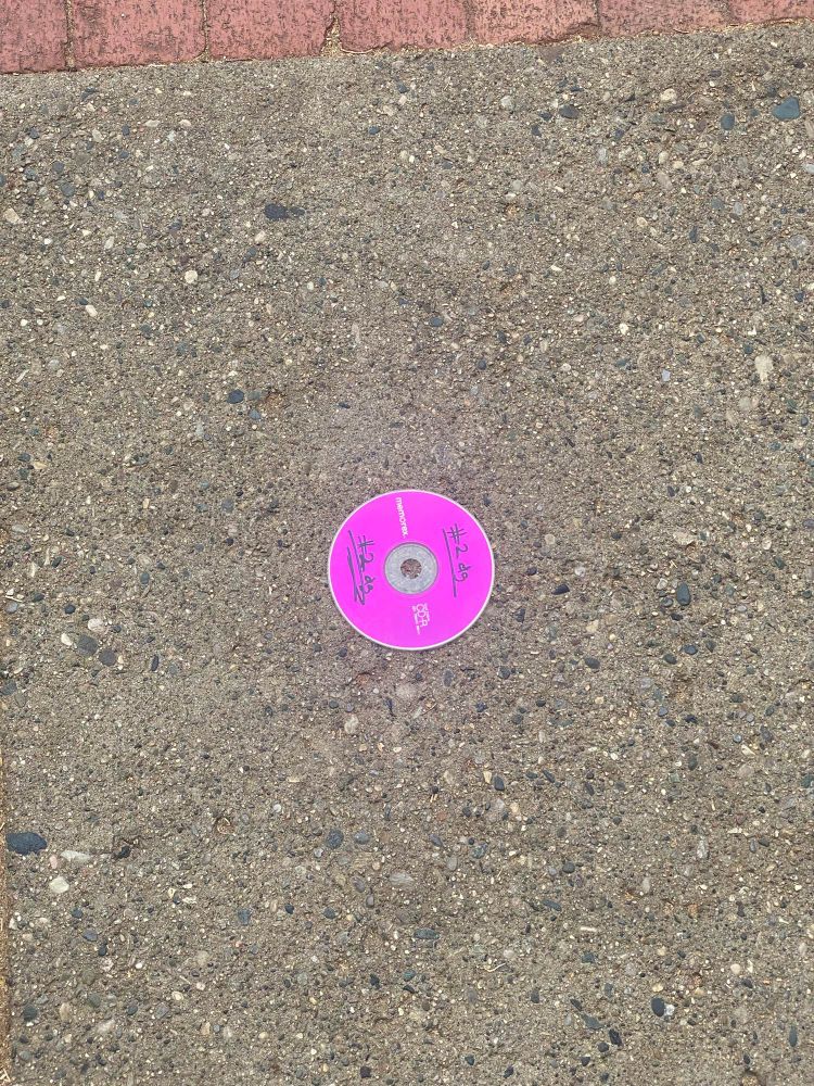 A pink CD-R labeled #2 dg, lying on a concrete sidewalk.