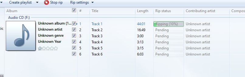 A screenshot of windows media player in progress of ripping the CD-R to mp3