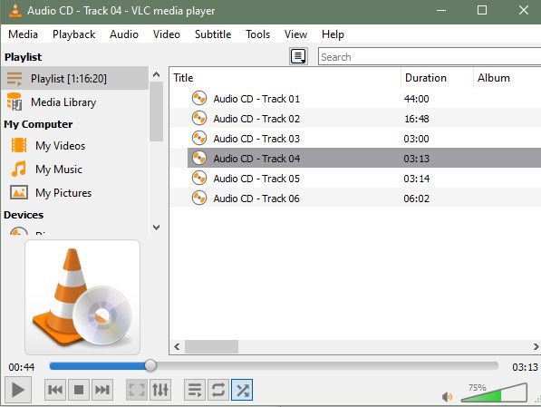 A track listing from the found CD-R, this time in VLC media player. Track 01 is 44:00 long, Track 02 is 16:48 long, and the other four are in the 3-6 minute range.