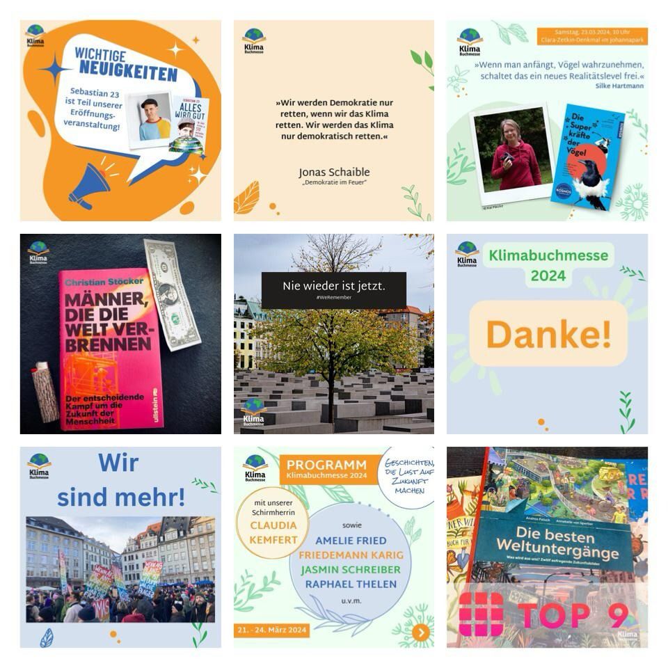 Zusammenstellung mehrere Bilder, auf denen Aktivitäten der Klimabuchmesse dargestellt sind.
