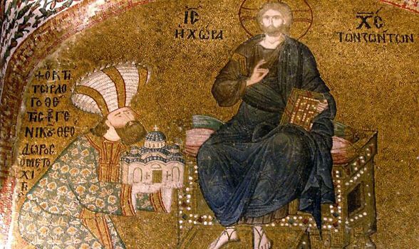 “Theodore ordered the restoration of the church and its splendid mosaics and frescoes. He is dressed in his official robes with a turban-like hat called a skiadon (literally a sunshade). Theodore later fell from royal favour, was stripped of his wealth and thrown into prison. He was only released when his life was drawing to an end. He retired to this monastery, where he died on 13 March 1331
Photo © Dick Osseman.”
Excerpt from Chora museum site.