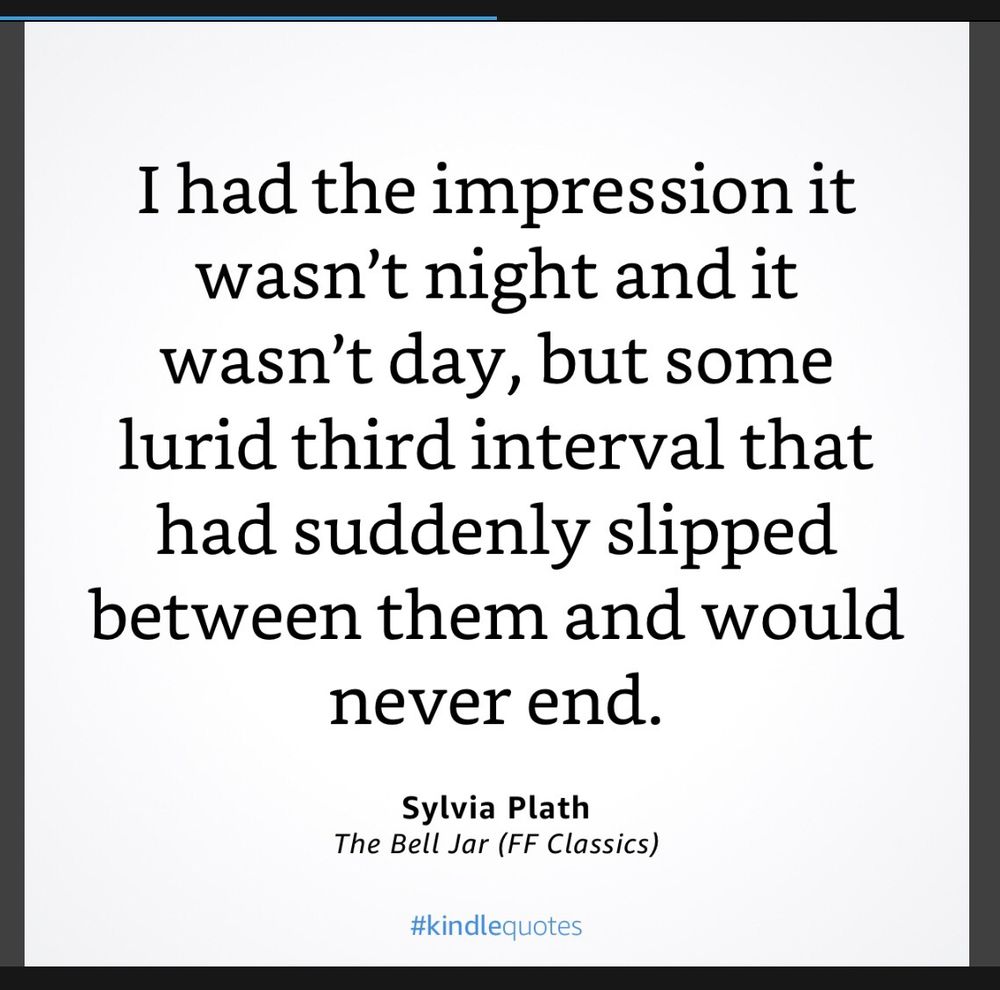 Quote of The Bell Jar by Sylvia Plath : “I had the impression it wasn’t night and it wasn’t day, but some lurid third interval that had suddenly slipped between them and would never end.”