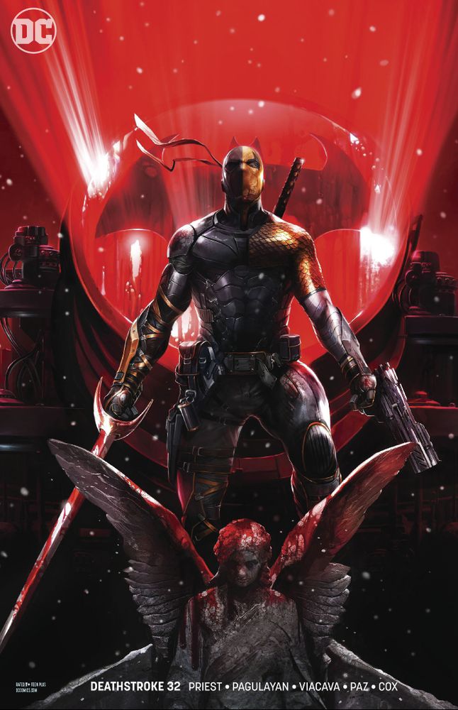 Deathstroke taking Batmans place in Gotham perched on top of a rooftop gargoyle. The Bat Signal glares in the background