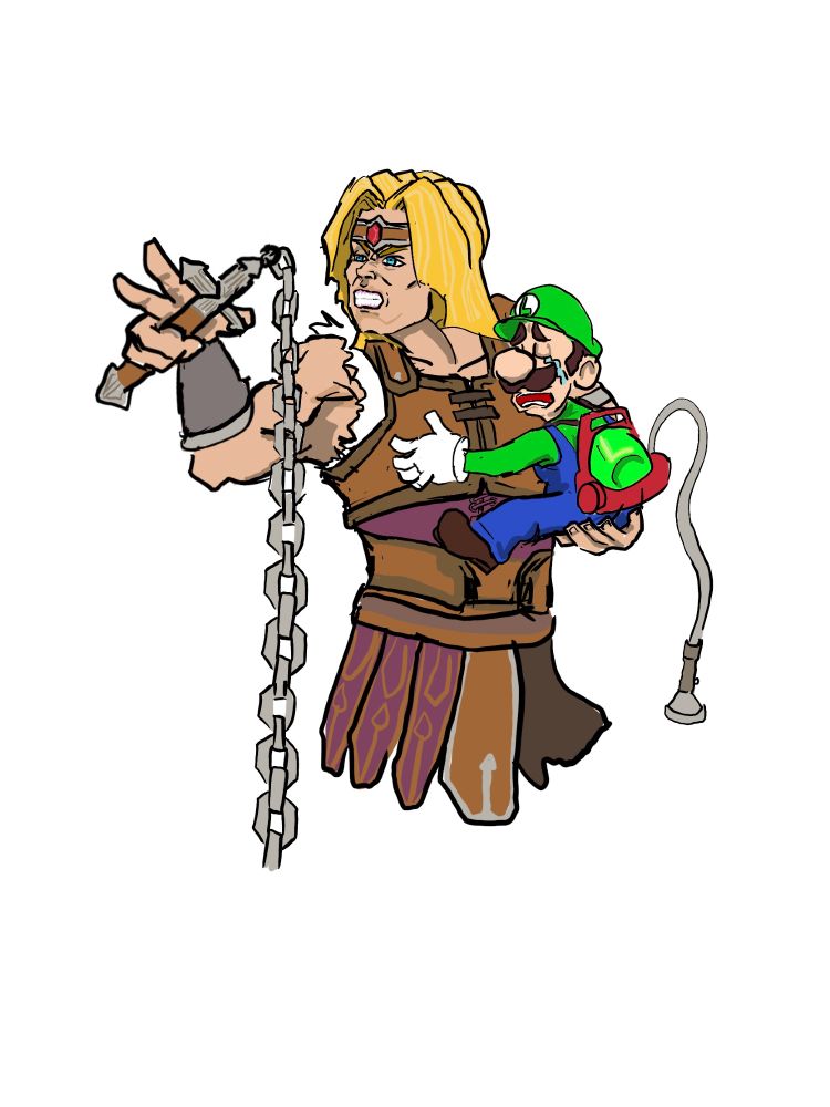 Simon Belmont from Castlevania protecting a frightened Luigi from Super Mario. Simon is staring down at the third party (not present in image) with chain whip hand. Inspired from Simon and Richter Super Smash Bros Ultimate reveal