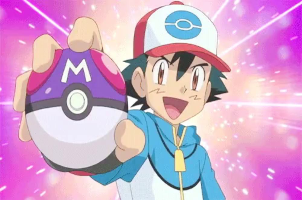 a cartoon character is holding a pokeball that says m on it