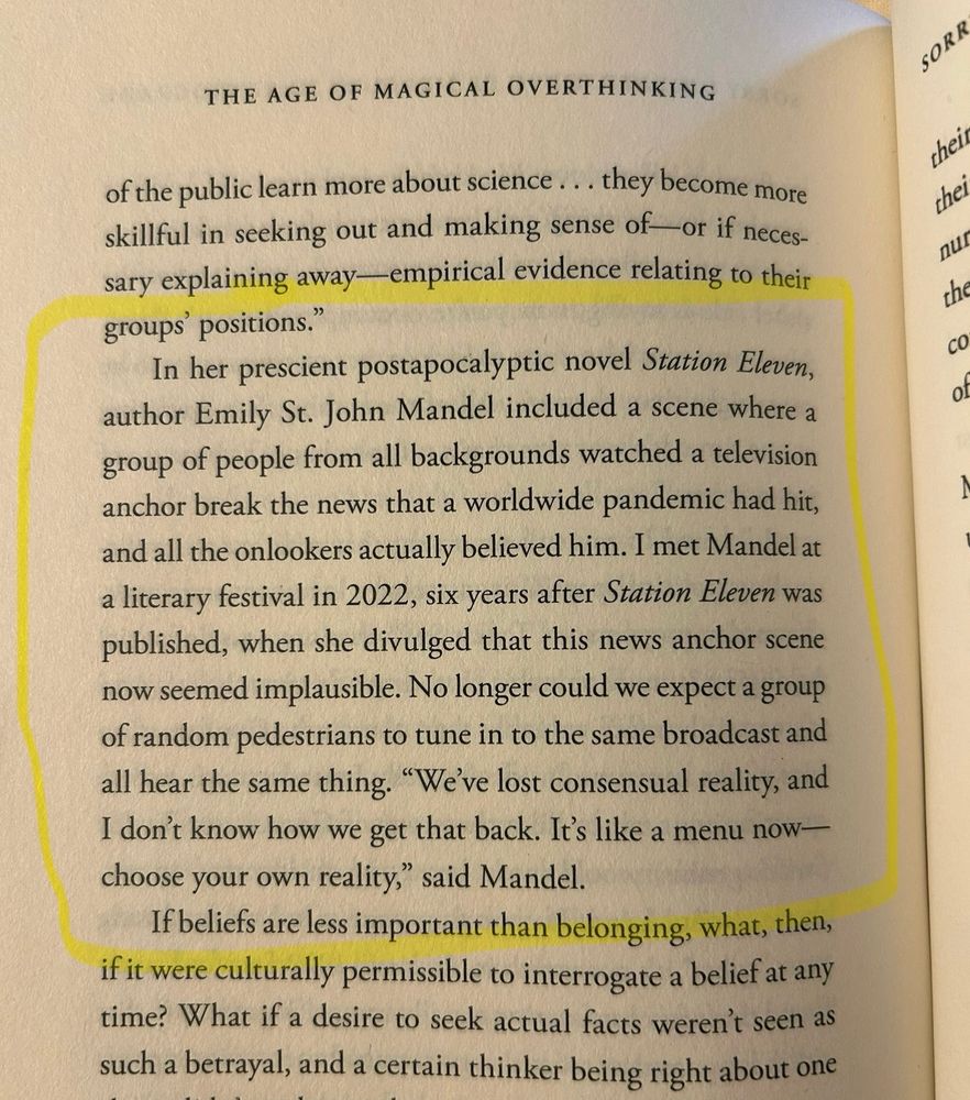 A page from the book “The Age of Magical Overthinking,” with a paragraph highlighted describing Emily St. John Mandel discussing a scene from her pandemic novel “Station Eleven,” and including the quote mentioned with the picture.