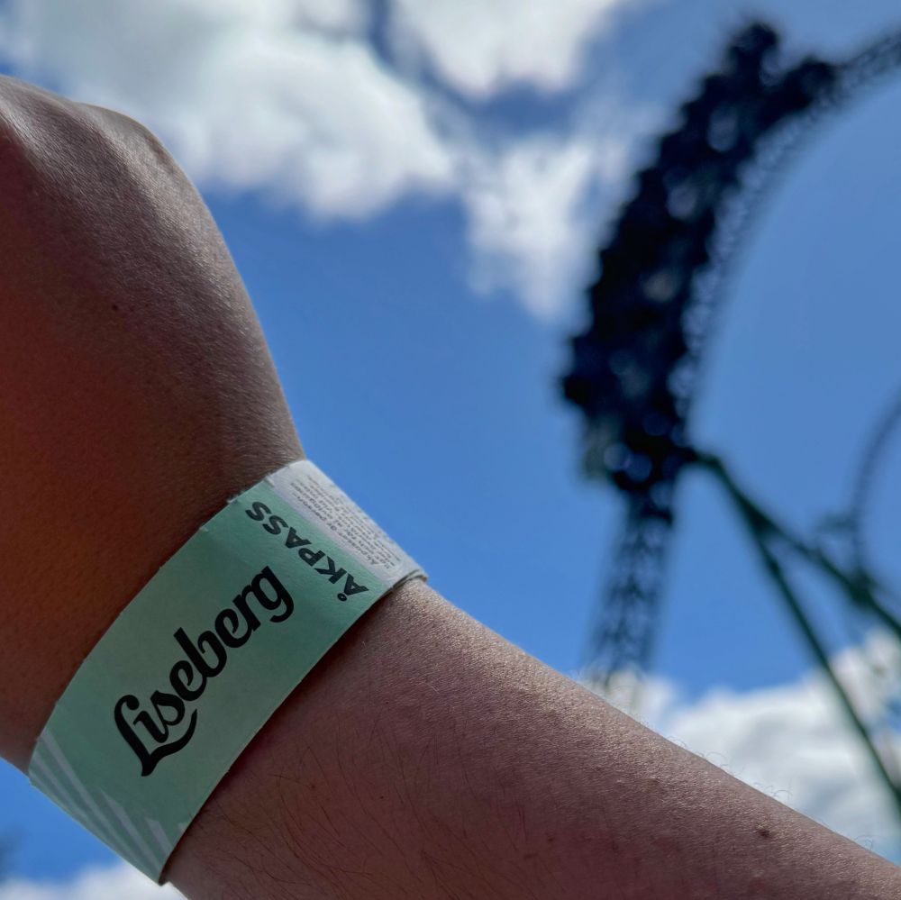 Foreground: a wrist with a light green Liseberg wristband. 

Background: Helix roller coaster 