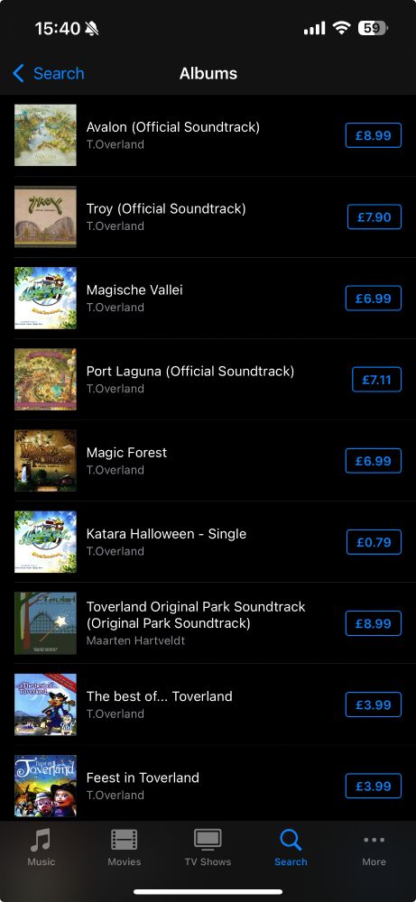 iPhone iTunes Store search result showing "T.Overland" as the artist name.