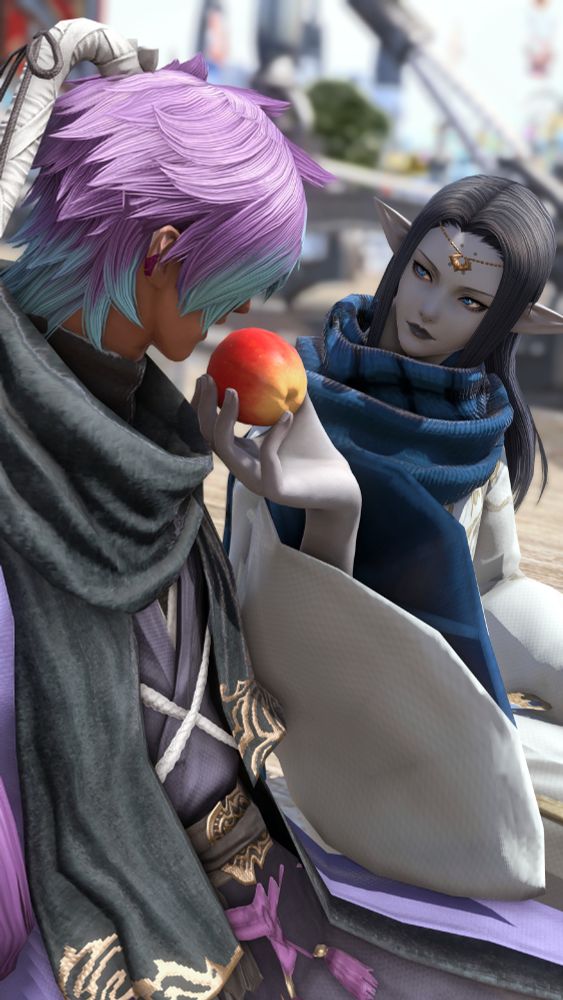 Cora and Seiryu sitting on a ledge in Limsa. Seiryu is offering a ruby red apple for Cora to eat; his expression is unreadable.
