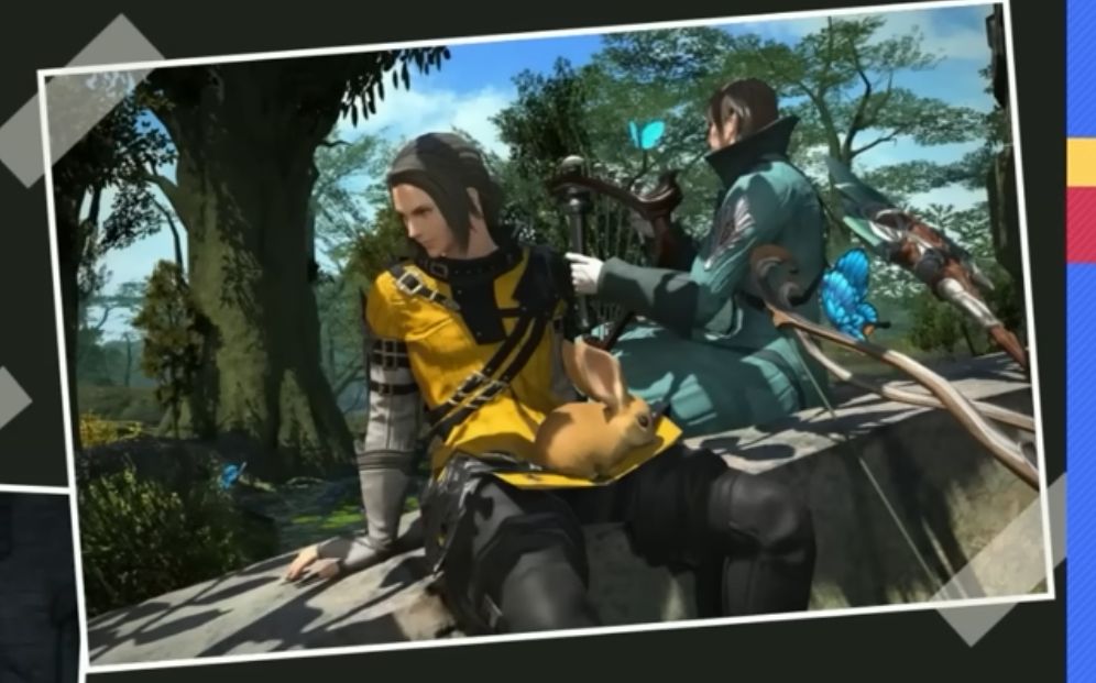 A screenshot of Sanson and Guydelot sitting in the Shroud. Sanson is facing the viewer but looking off to the left, smiling. On his lap is a small bunny. Guydelot sits behind him facing the opposite direction but looking the same way, playing his harp. Their spear and bows rest behind Guydelot, with  a blue butterfly landing on the bow.