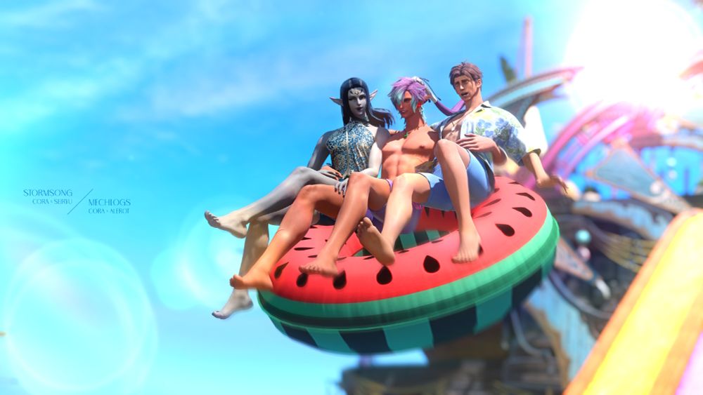 Cora being flown off a watermelon floatie, holding Seiryu in his right arm and Alerot in his left. Seiryu looks chuffed while Alerot is terrified.