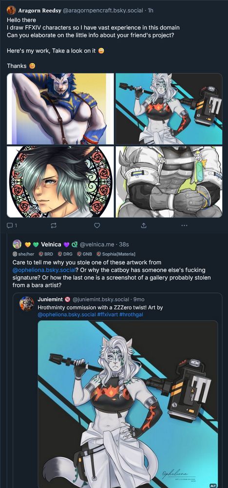 Screenshot of Vel's tweet about an art thief, showing the thief's post claiming they drew 4 artwork, followed by Vel's sleuthing that uncovered at least one of these belonged to a different artist.