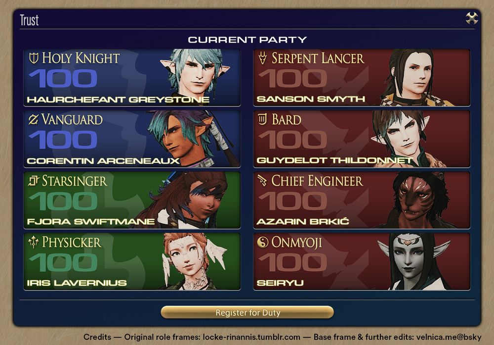 A Full Trust Party window mockup for Velnica's characters:
Tank: Haurchefant (Holy Knight), Cora (Vanguard)
Healers: Fjora (Starsinger), Iris (Physicker)
DPS: Sanson (Serpent Lancer), Guydelot (Bard), Azarin (Chief Engineer), Seiryu (Onmyoji)