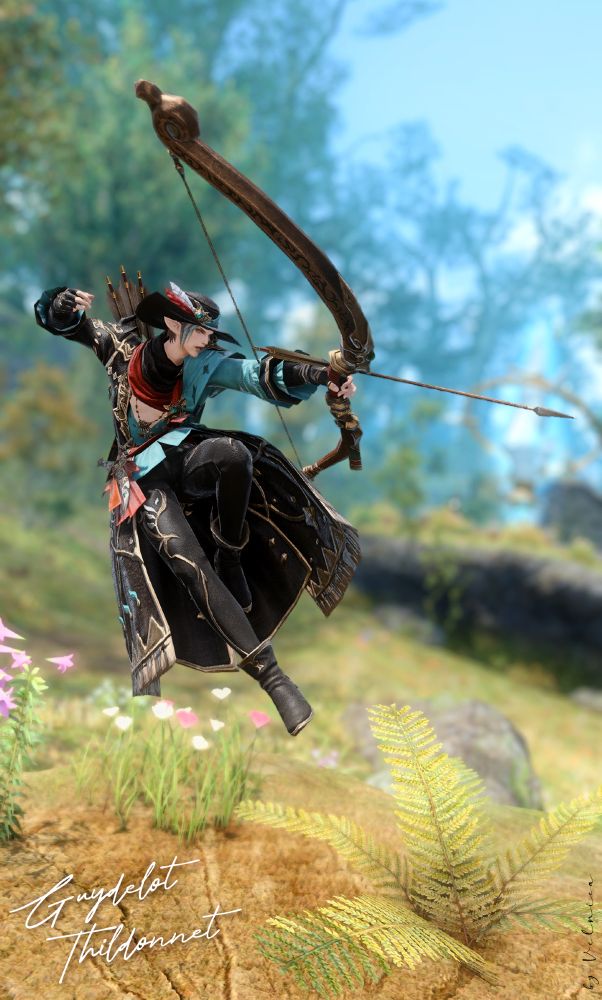Guydelot wearing the full Brioso set, leaping in the air and shooting his Ravel Keeper bow