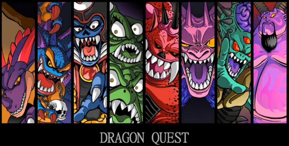 An art piece depicting the first eight final bosses of the Dragon Quest series. From left to right: Dragonlord, Malroth, Zoma, Psaro, Nimzo, Mortamor, Orgodemir, and Rhapthorne.