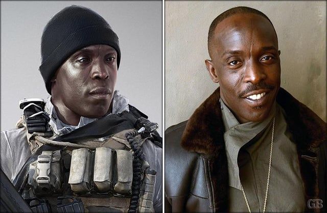 Michael K Williams as Irish in Battlefield 4 on the left, and as Michael K Williams on the right