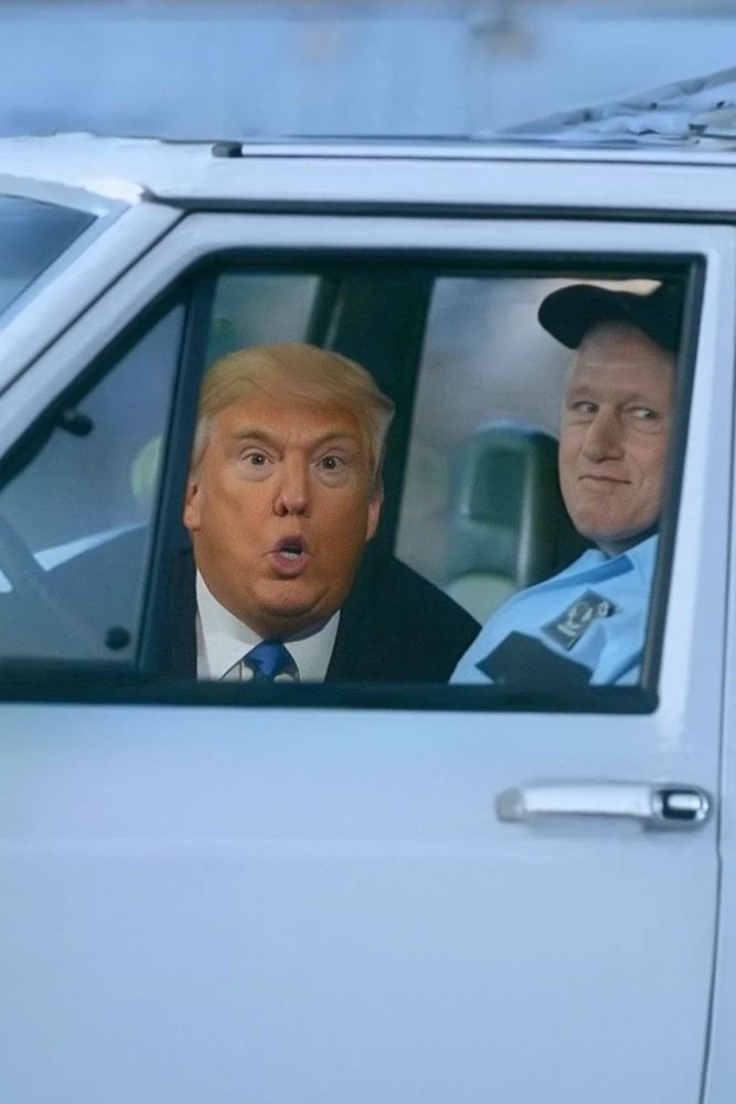 The scene from The Sopranos where Vito is caught going down on a security guard in a car. Vito's face has been replaced by a shocked Trump, and the guard's face has been replaced by a scheming Bill Clinton giving a side eye