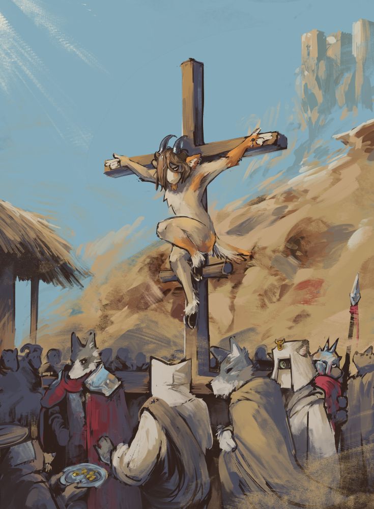 Digital artwork featuring an anthropomorphic goat character crucified on a wooden cross. They are naked, with their head down, looking at the viewer. Under them, there's a crowd of anthropomorphic animal characters in ancient robes and armour. In the background, a temple can be seen on top of a mountain, fading into the sky.