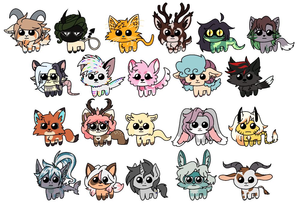 A digital drawing featuring 21 (mostly) animal characters, drawn to resemble the "Autism Creature" meme.

1st row: a goat, a shadow demon, an orange cat, a deer-lynx hybrid, a lizard, a grey fox
2nd row: an opossum, a wolf, a chihuahua, a sheep, a black fox
3rd row: a red fox, a ferret-otter, an otter, a bunny, a bee
4th row: a shark, a tanuki, a grey unicorn a cyan rabbit, a goat