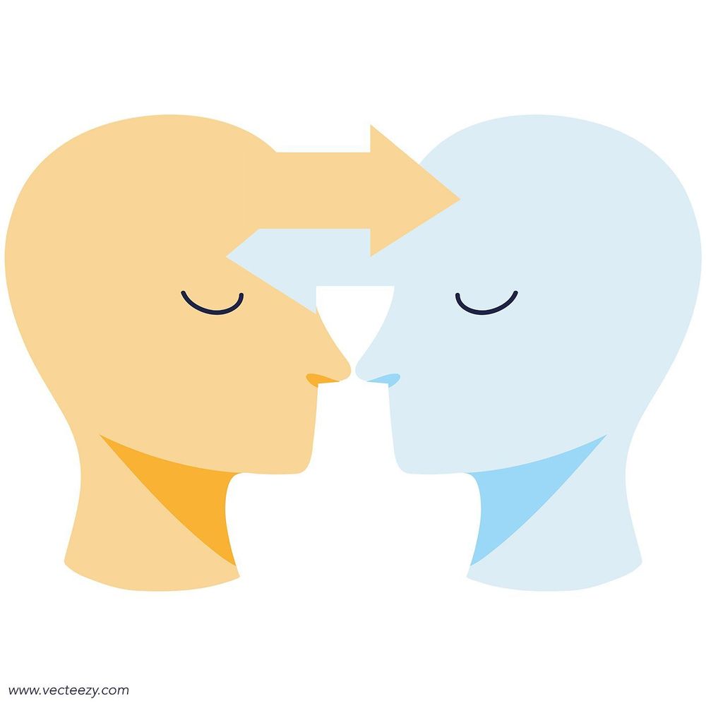 graphic of two abstract busts with closed eyes, one orange and one blue, facing each other. Each bust has an arrow coming out of the head and going into the other.