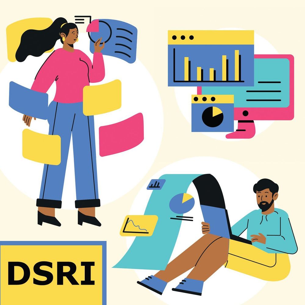 A cartoony graphic in bright colors, featuring two brown-skinned figures, a woman standing with several screens curving around her and a man sitting with a laptop, and a computer monitor with two different graphs.