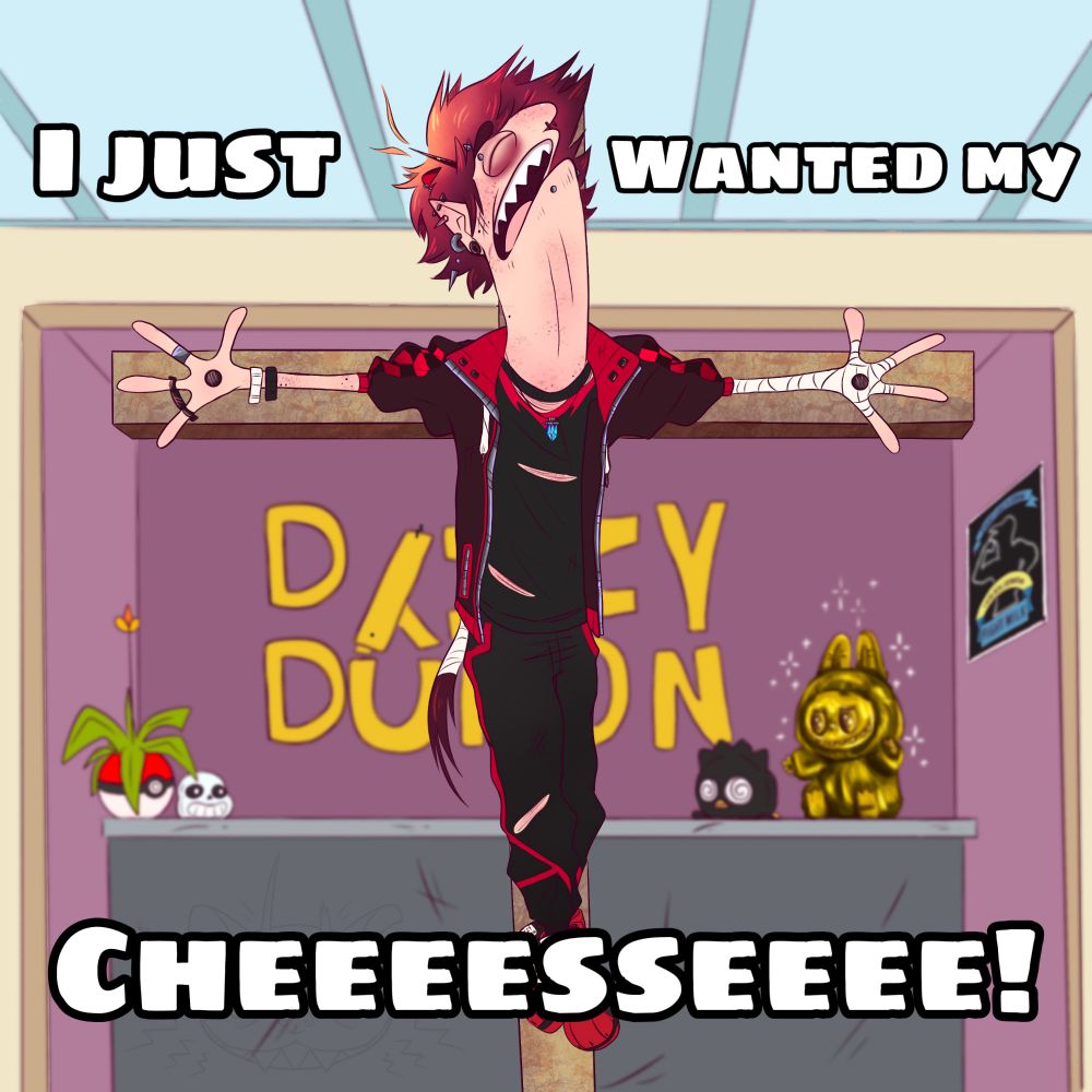 A redraw of a scene from Smiling Friends when Alan is on the cross saying "I just wanted my cheeesee!"
But instead of Alan it's my oc Dizzy~
