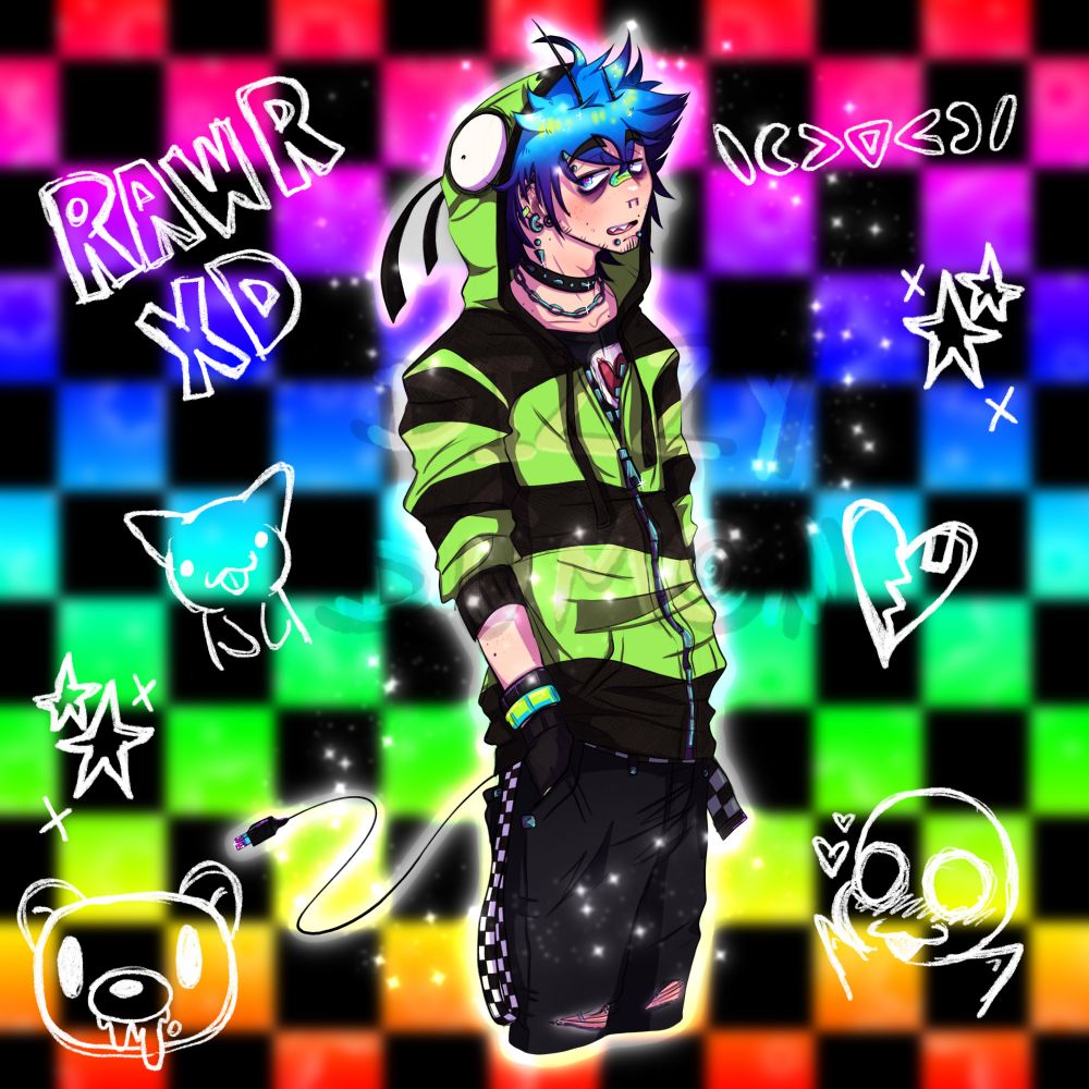 My oc dressed in stuff I used to wear in highschool
Like a Gir hoodie, ripped gloves, a lot of checkered things...