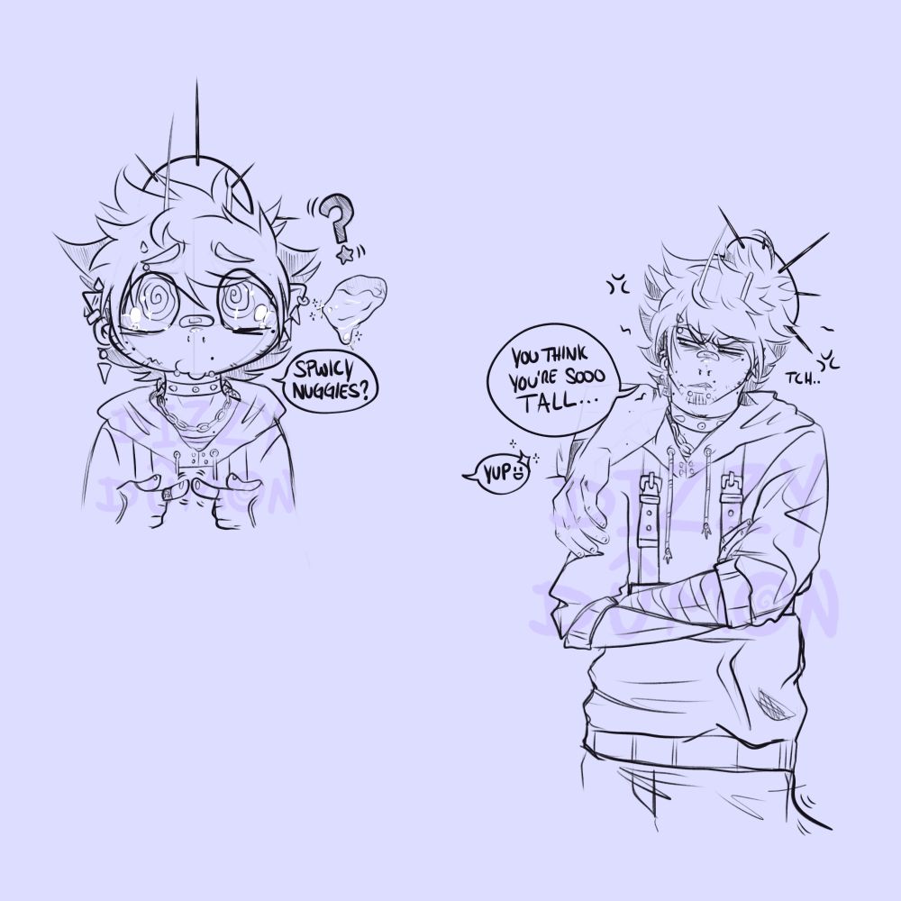Doodles of my sona. One as a chibi asking for spicy nuggets and the other one is if him being used as an arm rest and saying "you think you're soo tall" in response 