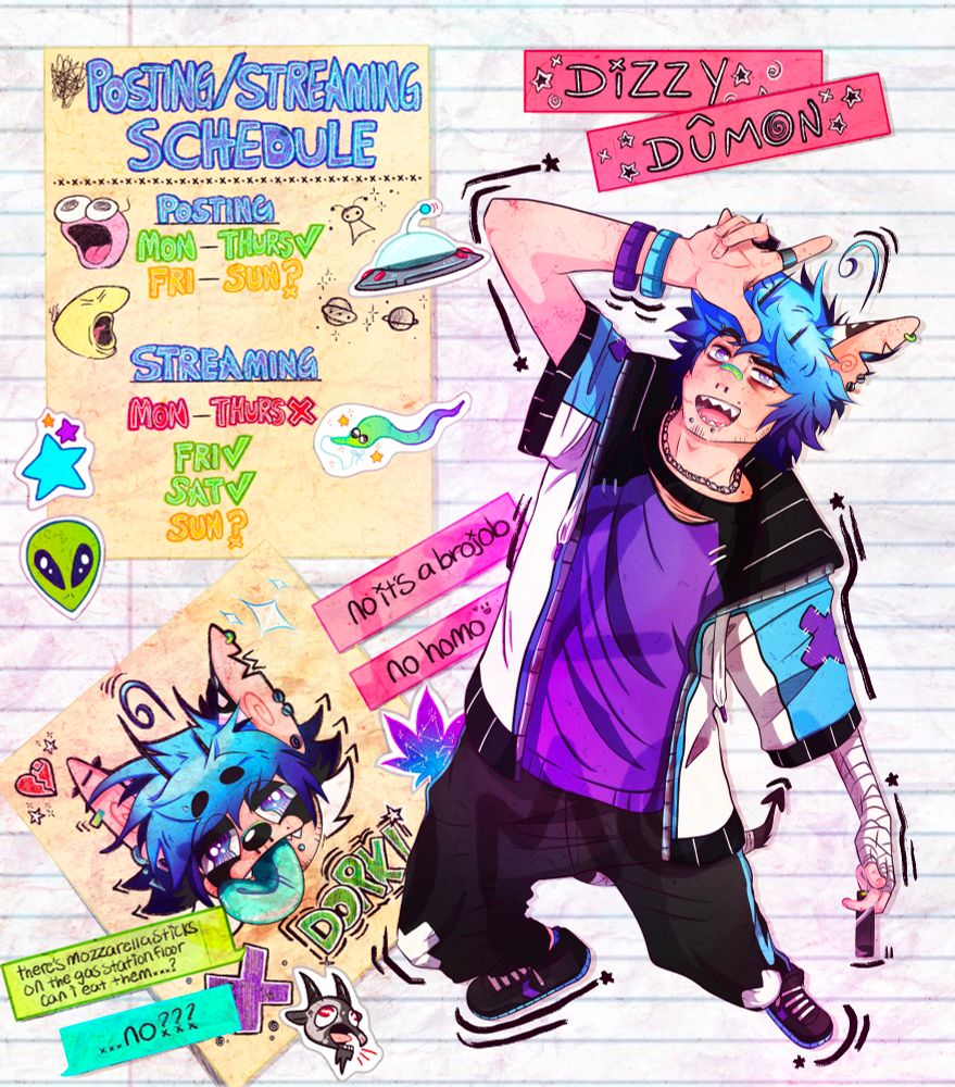 My new Posting/Streaming Schedule
Posting:
Monday-Thursday I'll be posting! Art, memes, game shit
Friday-Sunday mainly stream posts
Streaming:
Monday-Thusday no streams [yet]
Friday+Saturday I'll be streaming
Sunday is a hit or miss~

Drawing has my oc on it and his furry form