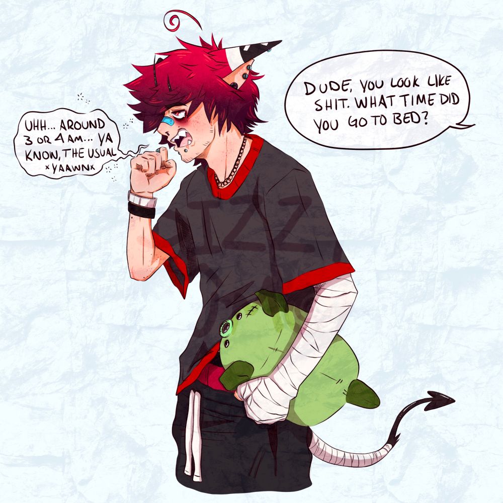 A drawing of my oc being asked what time he went to bed coz he looks like shit. His response is 3 or 4am coz he has insomnia so that's the usual time he goes to bed...or at least tries
He's also holding a little green zombie dog plush