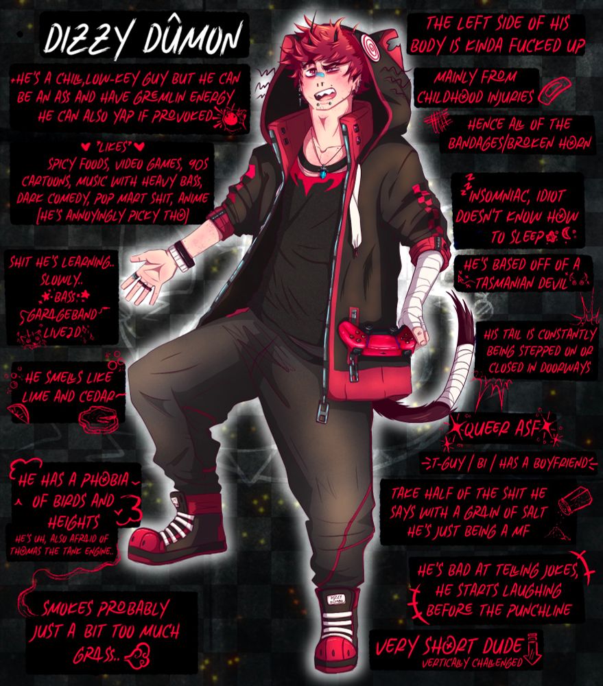 A drawing of my persona holding a PS5 controller. There's a lot of text on the image... as well talking about my interests some lore about my character and just general info about me. 