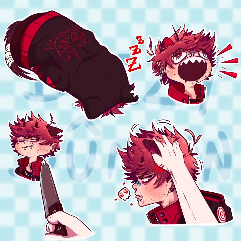 A bunch of little colored doodles of my character. 
Top left is him sleeping with his face down like cats do sometimes. 
The one next to it is of the yapping face
The one below the sleeping one is of him smirking with a knife held up like the other cat meme.... a lot of cat memes in this..
The one next to that is a reference from the anime MHA when Bakugos mom is petting his head