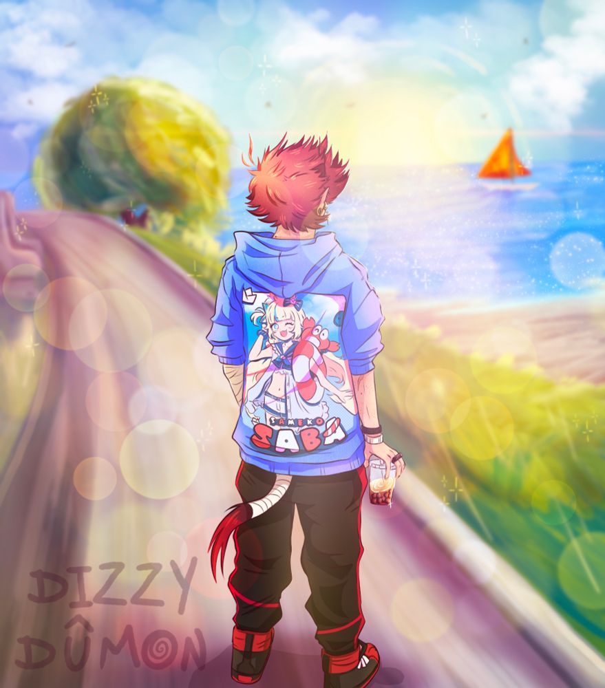 Art of my oc looking out at the ocean while wearing a Saba hoodie and holding boba tea
The background is digitally painted~