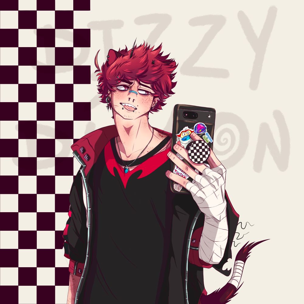 A digital drawing of my character smiling while holding up his phone. It looks like he's talking to friends but nahh he's just playing games on his phone 🤪