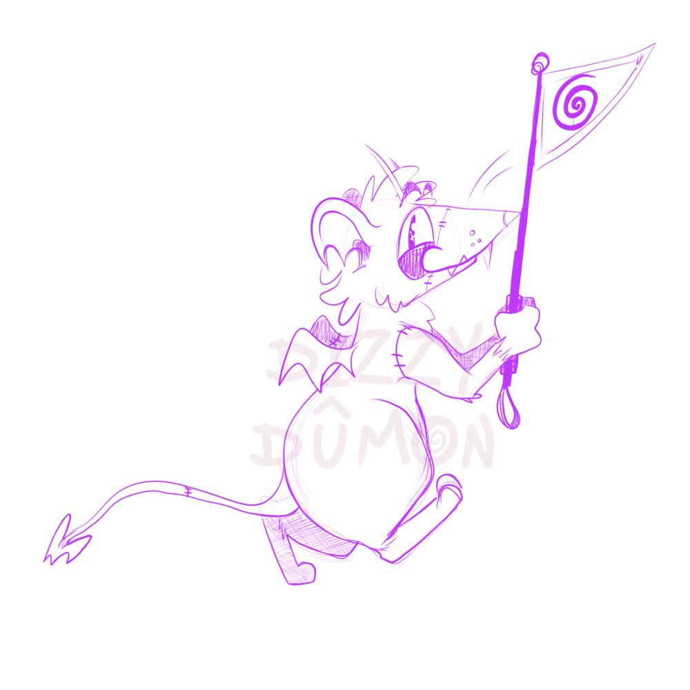 Wip of a follow alert for my streams, a little imp rat holding a tour guide flag