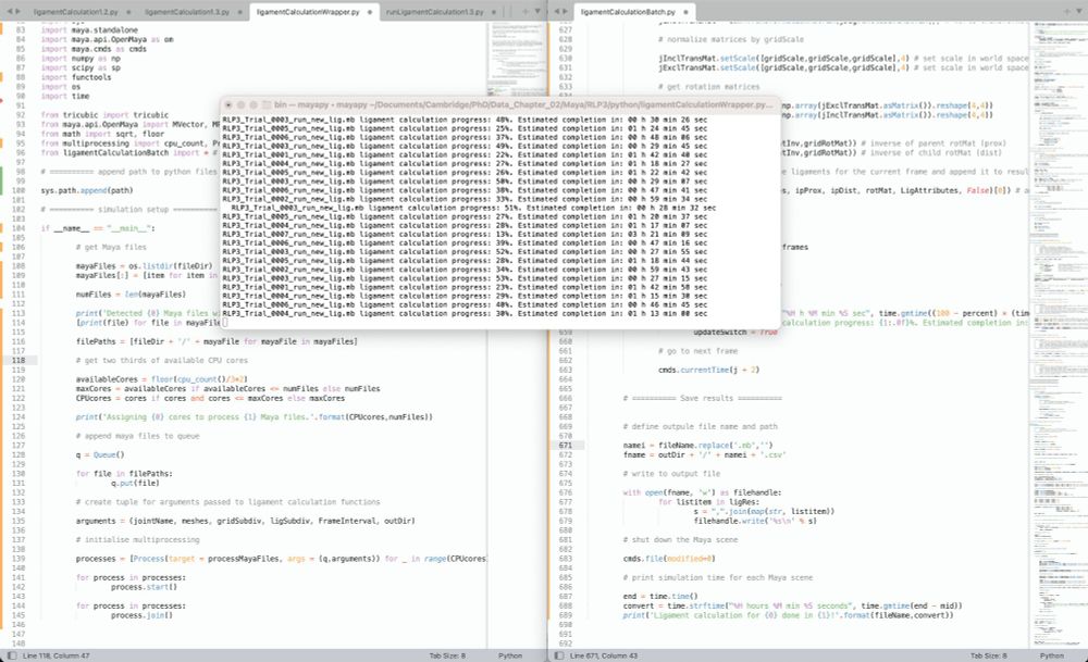 Screenshot showing the terminal window processing several Maya scenes simultaneously and displaying their individual progress. In the background are excerpts of the python scripts enabling multiprocessing of individual Maya scenes.