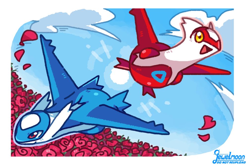 Art of the Pokemon Latias and Latios flying in the sky. They are flying towards the point of the view, taking up opposite ends of the composition with the sunlight in the center behind them. Latias is facing upwards with the clear blue sky behind her, a few clouds in the sky with jagged edges due to their speed. Latios is facing downwards and gliding past a field of red roses, a few petals going into the air.