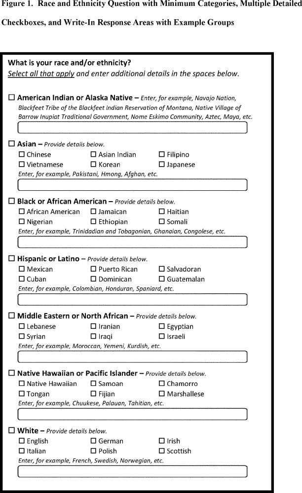Categories of race and ethnicity from 2024 OMB updated results. Detailed check boxes use nationality to define racial categories. 