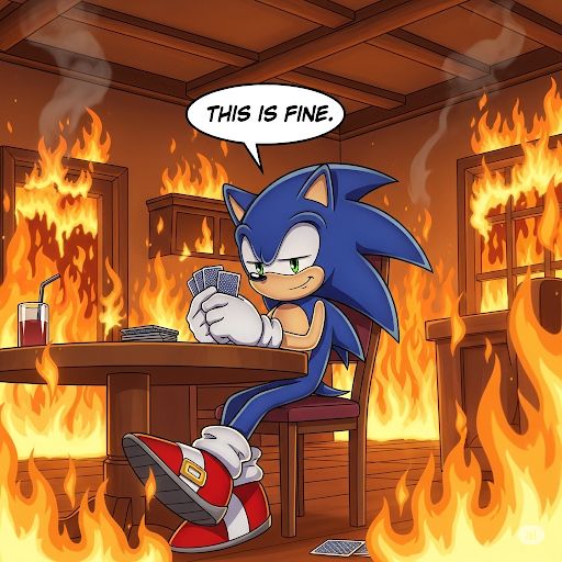 Sonic the hedgehog playing cards in a burning building saying ‘this is fine’ in the style of the meme
