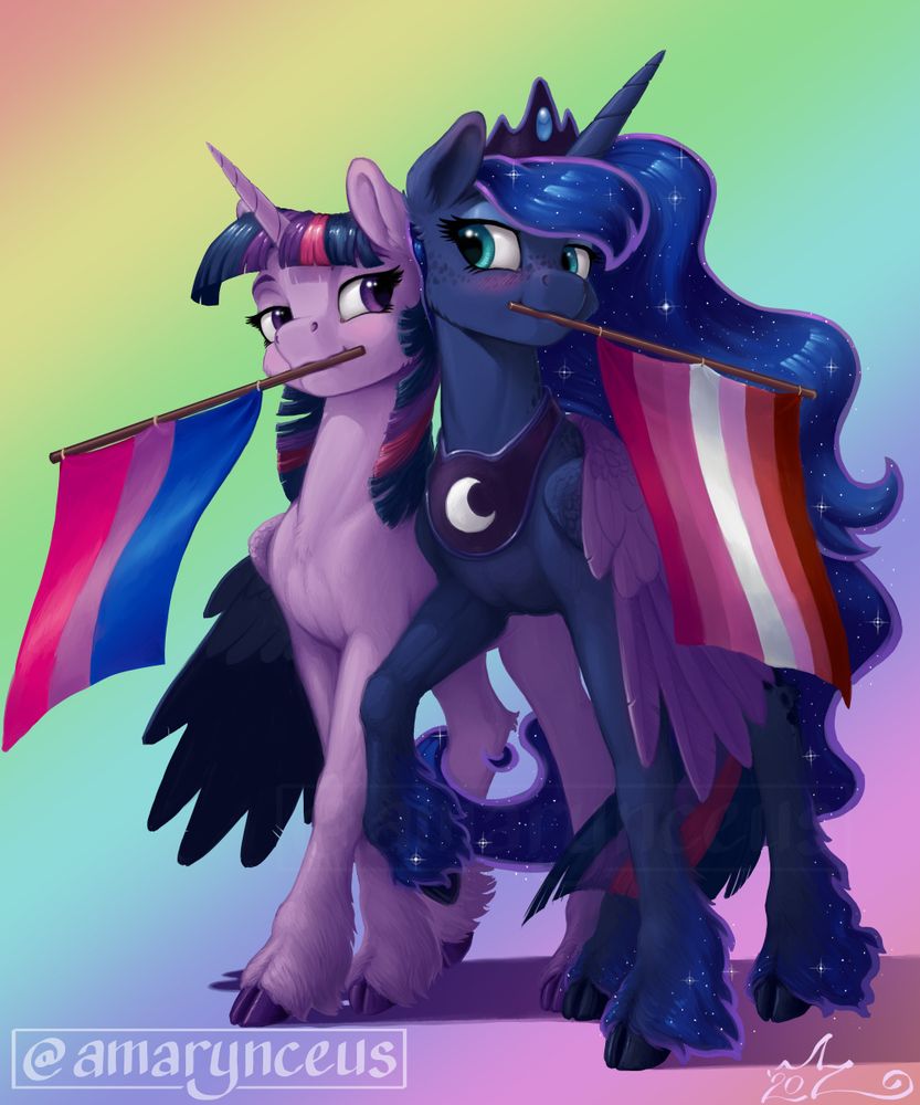 Digital painting of ponies Twilight Sparkle and Princess Luna  against a pale rainbow backgroud, walking toward the viewer and holding flags in their mouths; Twilight is on the left holding a bi pride flag, and Luna is on the right holding an older version of the lesbian pride flag.  They are leaning slightly against each other, and each has a wing over the other's back.