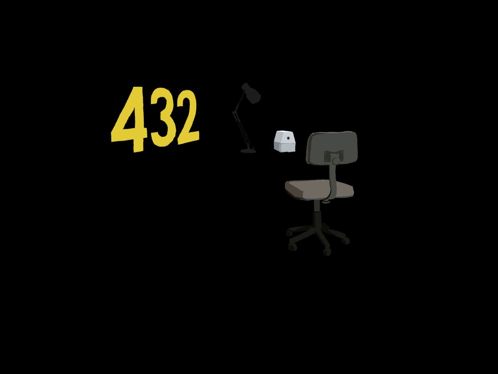 Digital painting of the lamp, sharpener, chair, and 432 numbers, in the positions they would be placed in on Employee 432’s desk, but without the actual desk itself. The background is black.