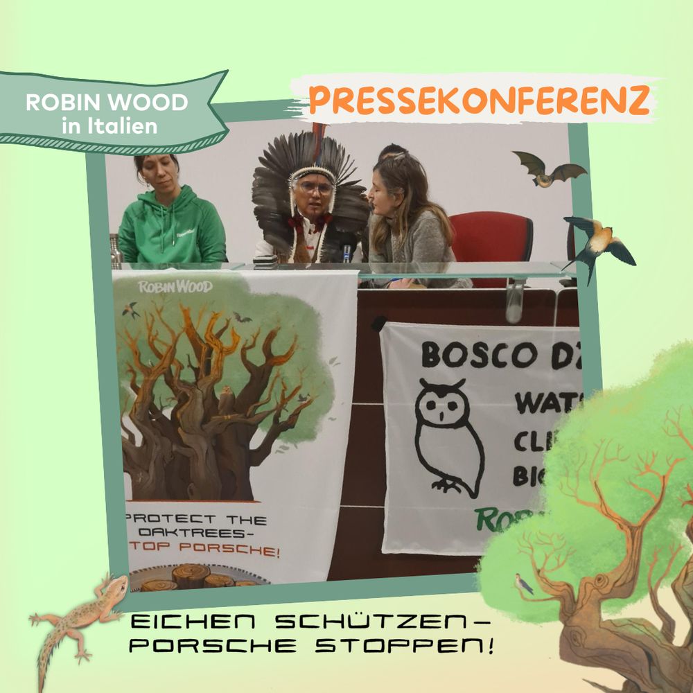 Foto von Podium auf Pressekonferenz mit ROBIN WOOD-Waldreferentin, Indigener Person mit Federkopfschmuck