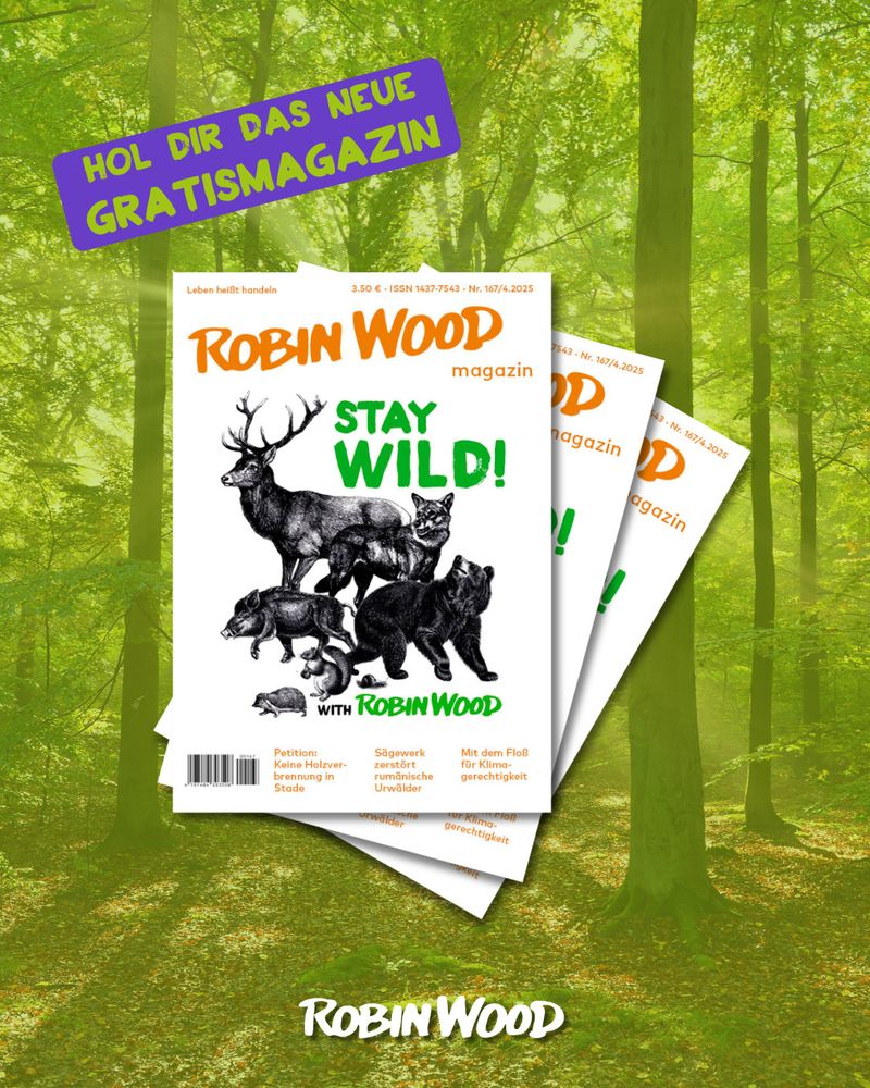 Foto: Wald mit Magazincovern im Vordergrund, Text: Hol dir das neue Gratismagazin
