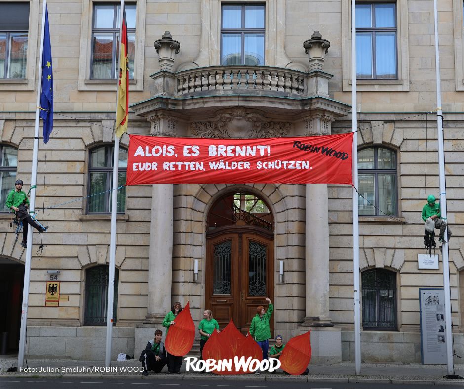 Kletteraktion vor dem BMEL. Zwei Kletternde hängen an Laternen vor dem Gebäude. Zwischen ihnen ist ein Banner mit dem Spruch "Alois, es brennt! EUDR retten, Wälder schützen" gespannt. Unten am Boden stehen weitere Aktivist*innen mit großen Flammen aus Pappe.