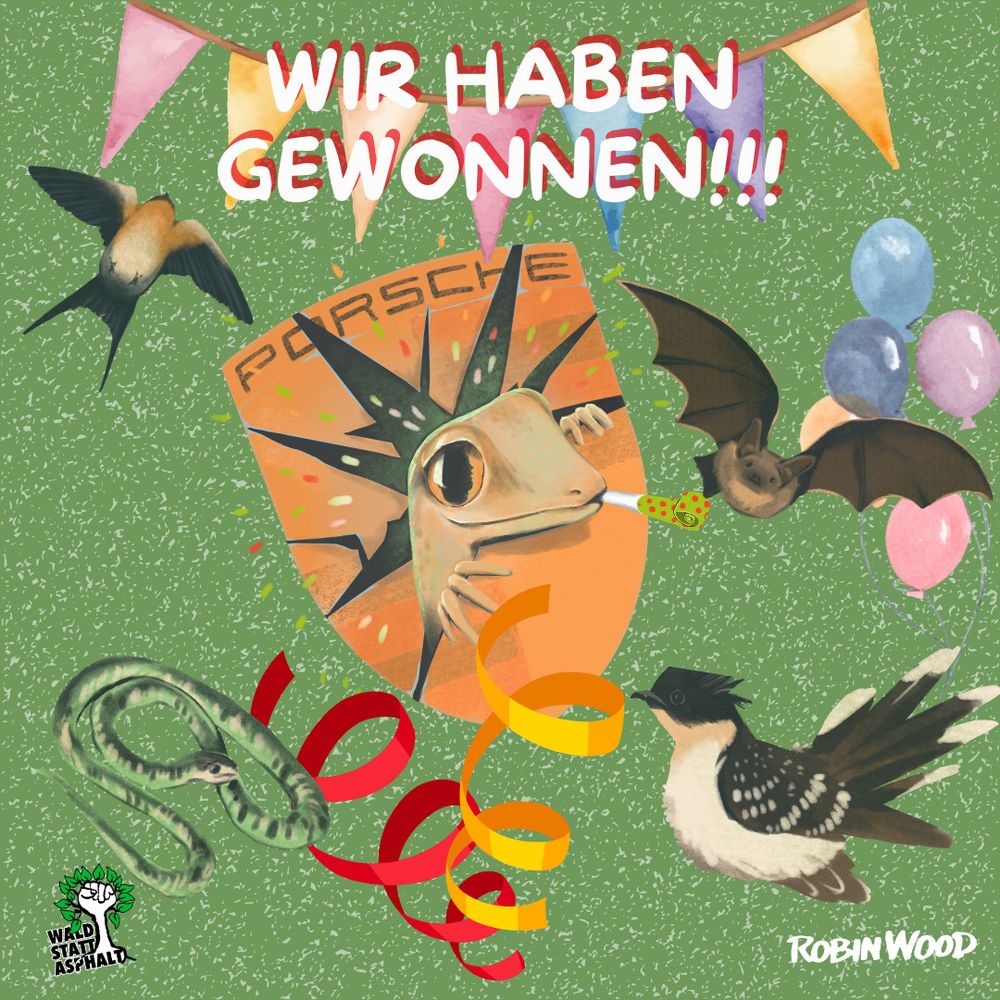 Text "wir haben gewonnen!!!" und Gekko, Vogel, Fledermaus, Schlange mit Partyutensilien